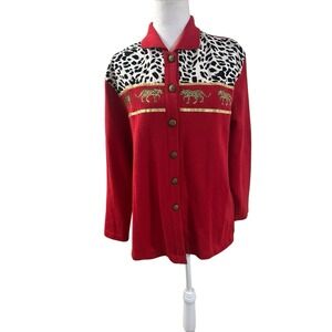 Adolfo Vtg Button Front Cardigan Red, Animal Print Leopard Trim Sz L